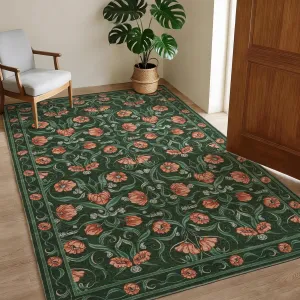 Floral Modern Area Rug 5x7 - Non-Slip Low Pile, Machine Washable - Soft Fabric, Kids & Pet Friendly - Green - Bedroom, Living Room