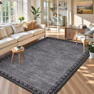 5x7 Washable Area Rug Grey - Non Slip, Stain Resistant - Soft Low-Pile, Durable Fabric - Geometric Border, Pet & Kids Friendly - Living Room, Bedroom, Office