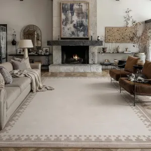 Washable Low Pile Area Rug 9x12 - Non Slip, Stain Resistant, Soft Plush Fabric - Durable, Pet Friendly - Light Beige Seashell - Living Room Bedroom Laundry