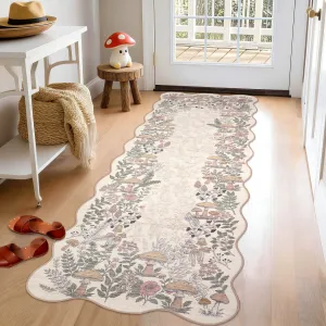 Scalloped Botanical Area Rug - Washable Non-Slip Low Pile Carpet, Soft Collapsible Accent for Hallway, Kitchen, Bedroom, Bathroom, Farmhouse Decor, Beige, 2x6ft