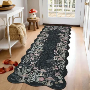 Scalloped Runner Rug - Washable Non-Slip Low Pile Area Rug, Soft Collapsible Thin Carpet for Hallway, Kitchen, Bedroom, Bathroom, Laundry, Modern Farmhouse Decor, Black, 2x6ft