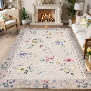 Floral 5x7 Washable Rug for Living Room, Indoor Farmhouse Non Slip Area Rug for Bedroom, Low Pile Stain Resistant Large Nursery Rugs, Ultra Thin Throw Carpet for Dining Room Office, Taupe