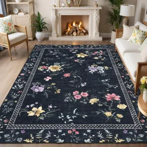 Floral 5x7 Washable Rugs for Living Room, Modern Bordered Non Slip Bedroom Rugs, Indoor Stain Resistant Large Low Pile Ultra Thin Area Rug for Dining Room Office, Black