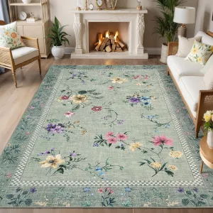 5x7 Area Rugs for Living Room, Floral Washable Rug Modern Large Soft Non-Slip Throw Rug Indoor Floor Stain Resistant Carpets for Bedroom Dining Room Farmhouse Nursery Home Office, Green