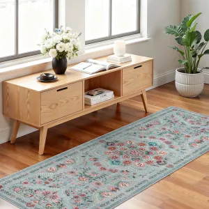 Washable Modern Floral Area Rug Runner, Ultra Thin Soft Low Pile Carpet, Non-Slip Collapsible Vintage Accent Mat for Entryway, Hallway, Bedroom, 2x6ft Grey Green