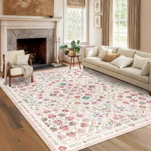 Washable Floral Area Rug for Girls Bedroom, Soft Low Pile Non-Slip Carpet, Mark Resistant Collapsible Thin Mat for Living Room, Dining, 5x7ft Beige Pink