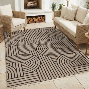 Easy Jute Rug, 8x10 Geometric Area Rug, Black & Natural Modern Boho Rug with Arc Line Design, Large Low Pile Non-Slip Carpet for Living Room, Bedroom & Dining Room