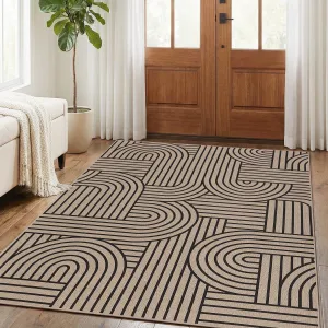 Easy Jute Rug, 4x6 Geometric Area Rug – Black & Natural Modern Boho Rug with Arc Line Design, Low Pile Non-Slip Carpet for Living Room, Bedroom & Office
