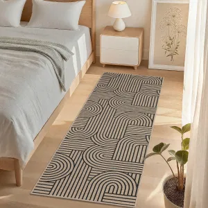 Easy Jute Rug, 2x6 Geometric Runner Rug, Black & Natural Modern Boho Hallway Rug with Arc Line Design, Low Pile Non-Slip Carpet for Entryway, Kitchen & Bedroom