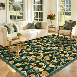 6x9 Washable Floral Living Room Rugs, Large Vintage Accent Area Rug for Living Room Dining Room, Non Slip Low Pile Indoor Bedroom Rug, Lightweight Stain Resistant Rugs for Office Home, Yellow
