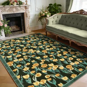 Washable Vintage Floral Area Rug - Non-Slip Low Pile Accent Carpet - Spot Resistant, Lightweight Modern Tulip Print - Ideal for Living Room, Bedroom, Dining Room - Yellow Green, 8x10ft