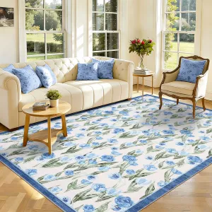 Ultra Thin Washable Area Rug - Modern Floral Carpet for Living Room, Bedroom, Nursery, or Dining Room - Low Pile, Non Slip, Spot Resistant, Soft Collapsible Mat - Light Blue, 8x10ft
