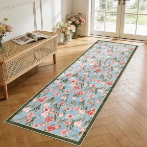 Soft Non-Slip Washable Runner Rug – Floral Tulip Print Area Carpet – Low Pile, Spot Resistant, Collapsible, Thin Mat for Kitchen, Entryway, Bedroom, Bathroom – Blue Grey, 2x6ft