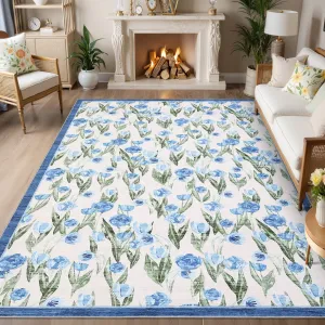 Floral Washable Area Rug 6x9ft - Ultra Thin Low Pile & Non-Slip Carpet - Spot Resistant Modern Home Decor for Living Room, Bedroom, Nursery, Dining Room, or Office - Light Blue