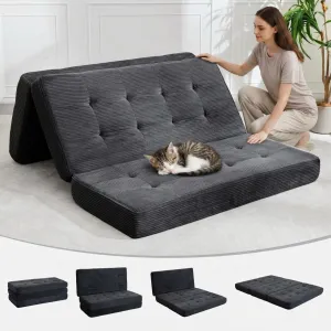 4-In-1 Tri-Fold Mattress, Foldable Floor Sofa Bed with High-Density Support Foam & Tufted Design, Portable Guest Bed for Dorm, Living Room, Soft Corduroy Fabric, Black