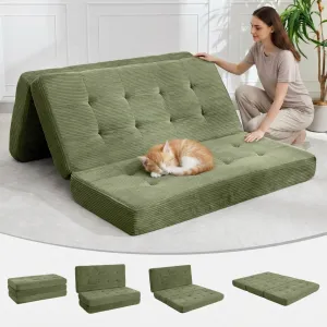 4-In-1 Tri-Fold Mattress with High-Density Support Foam, Foldable Floor Sofa Bed Tufted Design, Portable Guest Bed for Dorm, Living Room, Soft Corduroy Fabric, Green