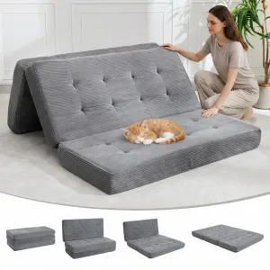 4-In-1 Tri-Fold Mattress, Foldable Floor Sofa Bed with High-Density Support Foam & Tufted Design, Portable Guest Bed for Dorm, Living Room, Soft Corduroy Fabric, Gray
