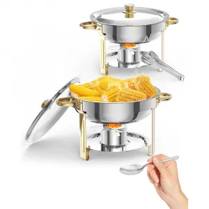 Chafing Dish for Buffet 2 Pack, 5QT Round Chafing Dishes Buffet Set w/Lid Holder, Stainless Steel Chafers and Food Warmers with Spoon and Tweezers for Parties, Weddings, Events, Banquet, Gold