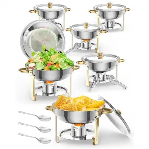 Chafing Dish for Buffet 6 Pack, 5QT Round Chafing Dishes Buffet Set w/Lid Holder, Stainless Steel Chafers and Food Warmers with Spoon and Tweezers for Parties, Weddings, Events, Banquet, Gold