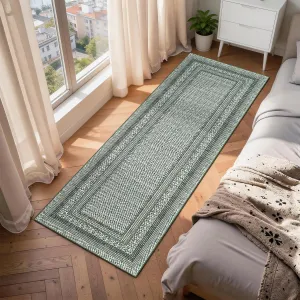 Modern Bordered Kitchen Rug, Non-Slip Washable Low Pile, Stain Resistant Soft Carpet, Green, Entryway Hallway Bedroom