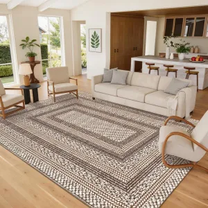Area Rug 4x6 Modern Geometric Bordered, Washable Non-Slip Low Pile, Ultra Thin Lightweight, Stain Resistant, Taupe, Living Room Bedroom Dining Office