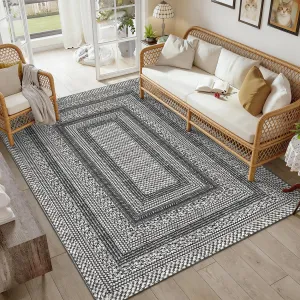Modern Bordered Area Rug 5x7 Non-Slip Washable Low Pile Soft Durable TPE Backing Black Grey for Living Room Bedroom Dining Office