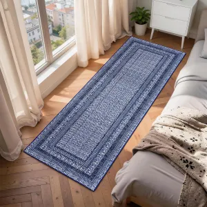 Modern Bordered Kitchen Rug 2x6, Non-Slip, Washable, Low Pile, Stain Resistant, Lightweight, Blue, Entryway & Bedroom