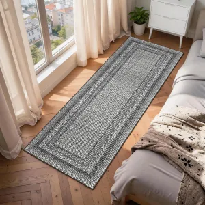 Modern Bordered Kitchen Rug 2x6, Soft Low Pile, Non-Slip TPE Backing, Washable, Stain Resistant, Black Grey for Entryway & Bedroom