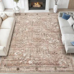 8x10 Vintage Retro Boho Area Rug - Low Pile & Non Slip - Washable Carpet - TPR Backing - Kids & Pet Friendly - Living Room Bedroom Dining Room