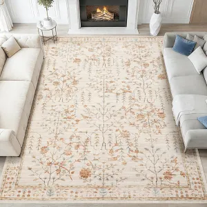 8x10 Vintage Retro Boho Area Rug - Washable, Non-Slip TPR Backing, Low Pile Comfort, Kids & Pet Friendly, Beige, Living Room Bedroom Dining