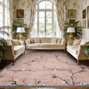 Pink Floral Area Rug 8x10 – Washable Non-Slip Low Pile Carpet with Branch Blossom Design, Vintage Style Rug for Living Room, Bedroom & Dining Room
