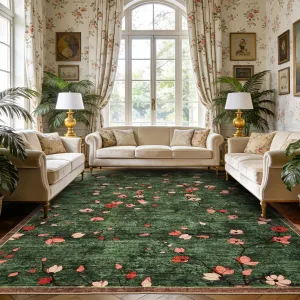 8x10 Vintage Floral Area Rug, Washable, Non-Slip TPR Backing, Low Pile Comfort, Dark Green, Kids & Pet Friendly, Living Room Bedroom Dining