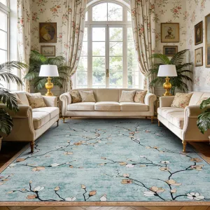 8x10 Vintage Floral Area Rug Non-Slip Low Pile Washable Carpet Green for Living Room Bedroom Dining