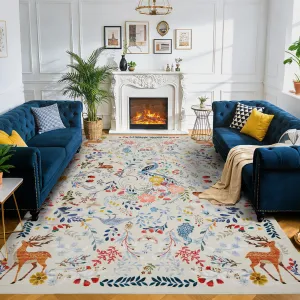 Beige Floral Animal Area Rug 9x12 – Washable Non-Slip Low Pile Carpet with Peacock & Deer Design, Vintage Nature Rug for Living Room, Bedroom & Dining Room