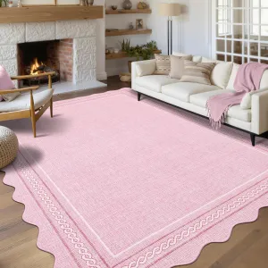 Scalloped Washable 8 x 10 Rug for Living Room Pink 8x10 Playroom Rug Non Slip Soft Bedroom Rugs Low Pile Large Area Rug Stain Resistant Carpet for Nursery Dining Room, Pink 8'x10'