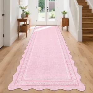 Scalloped Washable Runner 2x8 Rugs for Entryway Non Slip Kitchen Runner Pink Bathroom Rugs Low Pile Hallway Rug Stain Resistant Carpet for Entrance Laundry Room, Pink