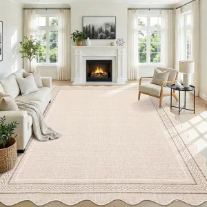 Scalloped 9x12 Area Rug for Living Room Machine Washable Rug with Non Slip Rubber Backing, Soft Low Pile Stain Resistant & Non-Shedding Carpet for Bedroom Dining Room Beige