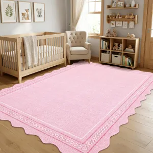 Scalloped Washable Pink Rugs for Bedroom Grils, 5x7 Living Room Rug Non Slip Playroom Rug Soft Non Shedding Bedroom Rugs Low Pile Stain Resistant Carpet for Nursery Dining Room, Pink