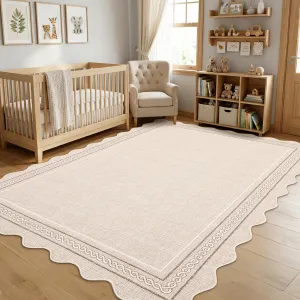 Scalloped Washable 5x7 Area Rugs for Living Room Non Slip Neutral Beige Rug Farmhouse Soft Bedroom Rugs Low Pile Foldable Stain Resistant Carpet for Nursery Playroom Dining Room, Beige