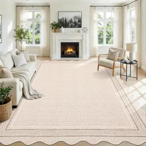 Scalloped Washable 8x10 Area Rugs for Living Room Non Slip Soft Solid Beige Bedroom Rugs Low Pile Foldable Large Area Rug Stain Resistant Carpet for Nursery Dining Room Playroom, Beige