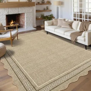 Scalloped Washable 8x10 Area Rug for Living Room Non Slip Soft Bedroom Rugs Solid Jute Color Bordered Rug Low Pile Stain Resistant Carpet for Nursery Dining Room Playroom Classroom, Jute