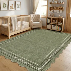 Washable Rugs for Entryway 4x6 Area Rug Scalloped Solid Green Living Room Area Rug Non Slip Soft Non Shedding Low Pile Stain Resistant Carpet for Kitchen Bath Bedroom Nursery, Green