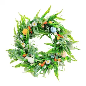18 Inch Easter Wreath for Front Door, Artificial Egg Wreath with Flowers and Green Leaves, Spring Floral Wreath for Indoor Outdoor Home Decor
