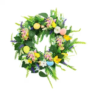 18 Inch Easter Wreath for Front Door, Artificial Egg Wreath with Flowers and Green Leaves, Spring Floral Wreath for Indoor Outdoor Home Decor, Style 3