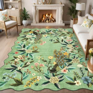 Scalloped Green Area Rug 8x10 - Floral Peacock Design, Washable & Non-Slip, Ultra Thin Soft Fabric, Stain Resistant, Large Farmhouse Style for Living Room Nursery