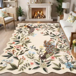 Scalloped Floral Peacock Rug 5x7 Washable Non-Slip Low Pile TPE Backing Lightweight Durable Nursery Living Room