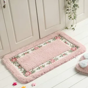 Non-Slip Pastoral Floor Mat Style Rose Pattern Non Slip Water Absorption Rectangle Carpet Floor Mat for Living Room Bedroom Kitchen Pink 40×60cm