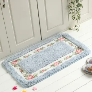 Pastoral Style Rose Pattern Non Slip Water Absorption Rectangle Carpet Floor Mat - Blue