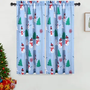 Kitchen Cafe Curtains, Christmas Snowman Pattern Short Bathroom Window Curtain, Xmas Tree and Snowflake Design Half Window Covering Tier Curtains, 27" x 45", Light Blue/Green/Red, Set of 2