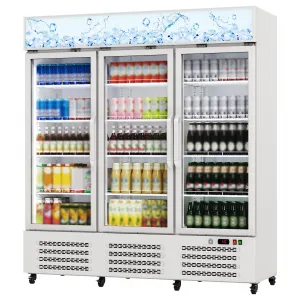 38.9 Cu.Ft Commercial Beverage Refrigerator 3-Glass 66.3 in Door Display Cooler for Supermarkets Liquor Stores Nightclubs  White